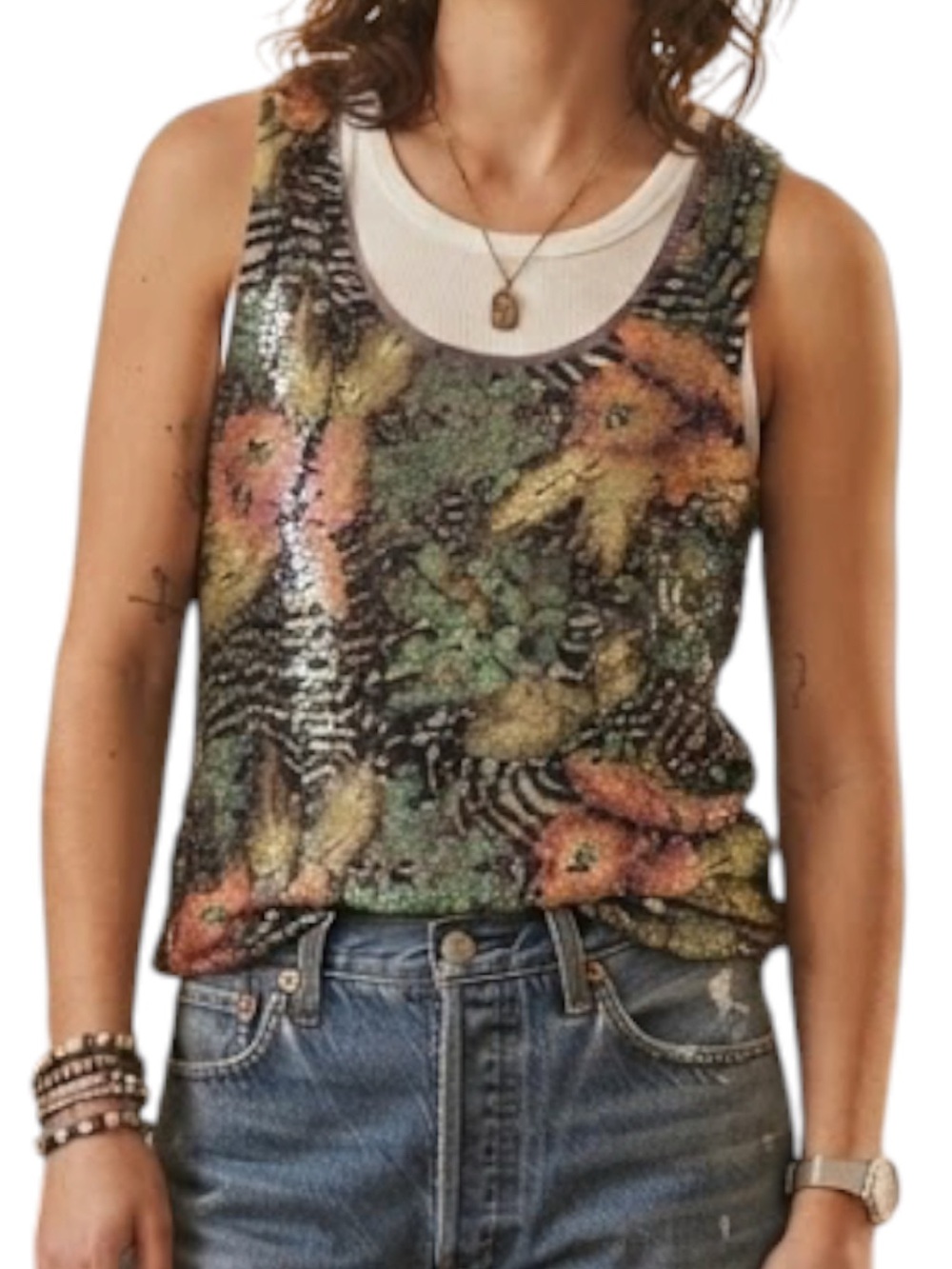 SILENCE & NOISE URBAN OUTFITTERS Y2K Metallic Gold Green Floral Sequin Tank S